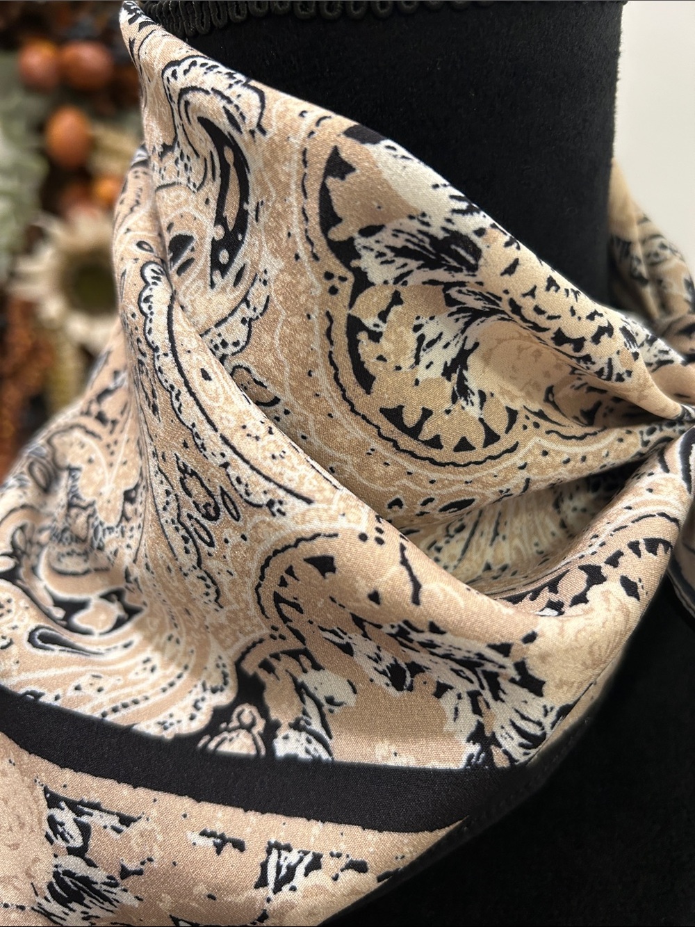 Beige Paisley Neck Scarf with Black Trim - Women Accessories OS - Picture 4 of 8